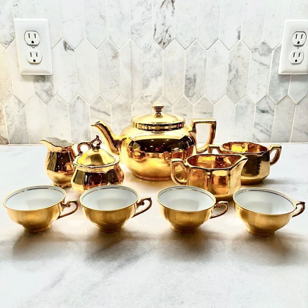 Antique Vintage Bauer Bavaria Real 22 Karat Gold Porcelain 9-Piece Tea Set Germa